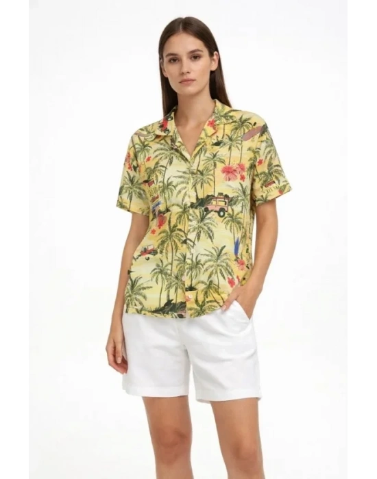Gün Batımı Tropikal Desenli Kısa Kol Gömlek Şort Takım Yazlık Rahat Kalıp  Desenli