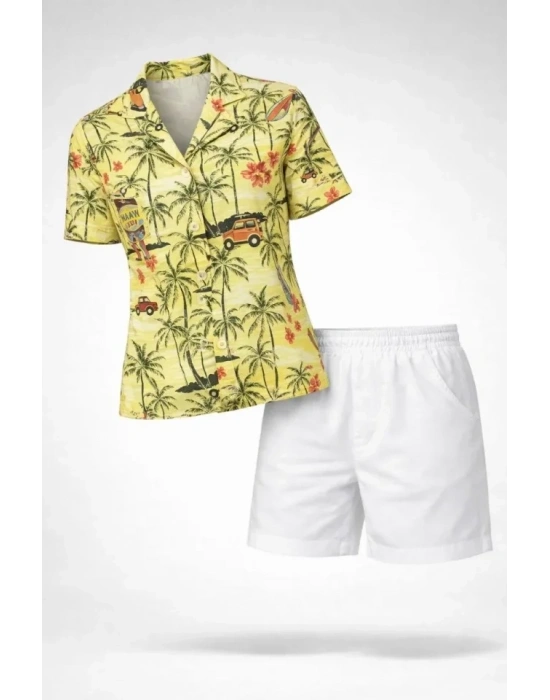 Gün Batımı Tropikal Desenli Kısa Kol Gömlek Şort Takım Yazlık Rahat Kalıp  Desenli