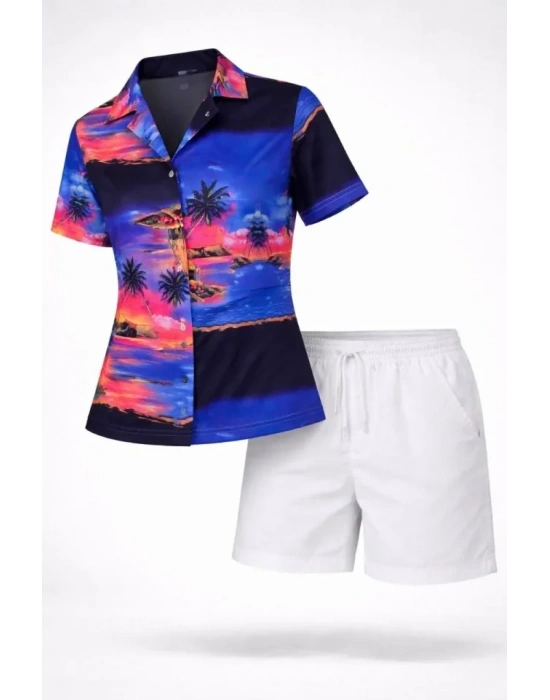 Gün Batımı Tropikal Desenli Kısa Kol Gömlek Şort Takım Yazlık Rahat Kalıp  Desenli