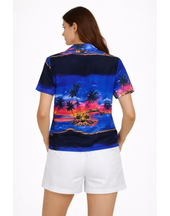 Gün Batımı Tropikal Desenli Kısa Kol Gömlek Şort Takım Yazlık Rahat Kalıp  Desenli