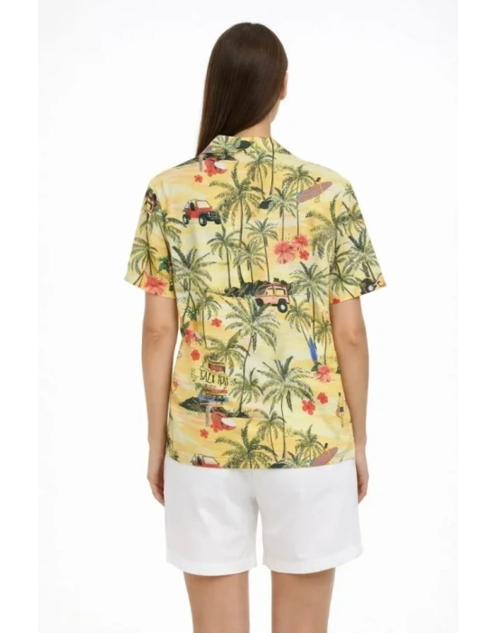 Gün Batımı Tropikal Desenli Kısa Kol Gömlek Şort Takım Yazlık Rahat Kalıp  Desenli