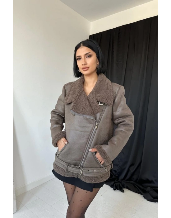 Haki Apoletli Kürklü Ceket