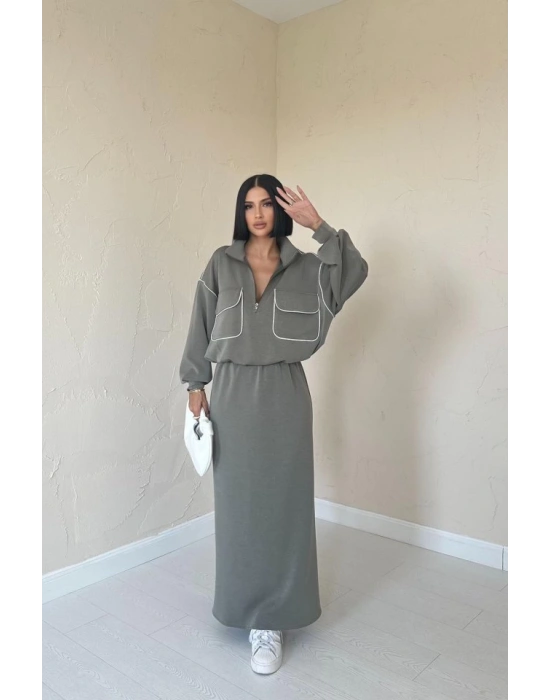 Haki Biyeli weatshirt Ve Etek Takım