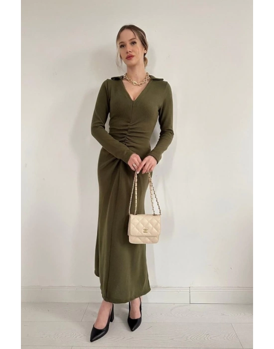 Haki Büzgülü Triko Balık Elbise