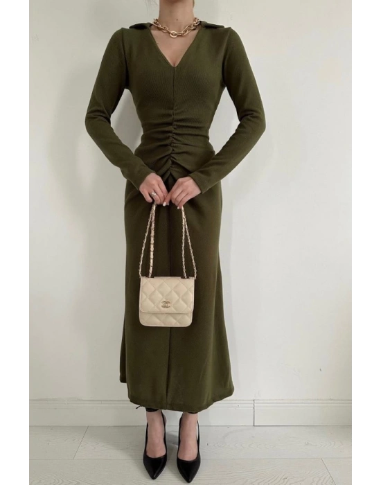 Haki Büzgülü Triko Balık Elbise