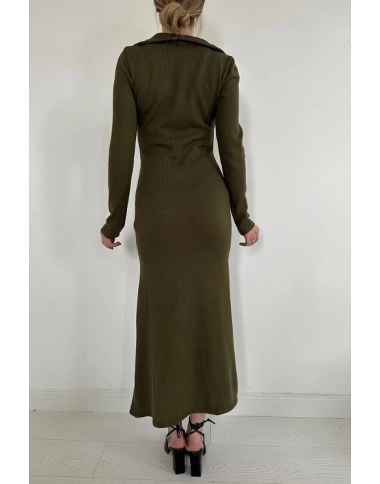 Haki Büzgülü Triko Balık Elbise