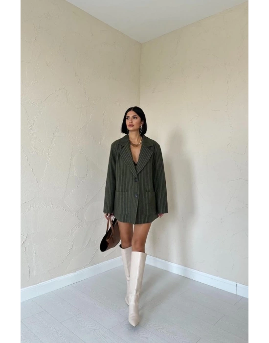 Haki Çizgili Oversize Ceket