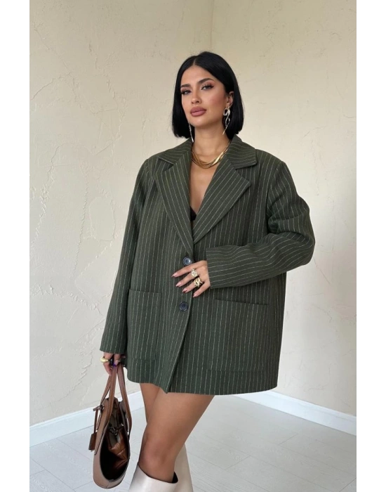 Haki Çizgili Oversize Ceket