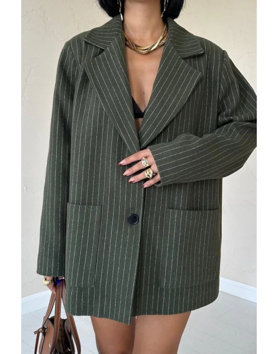 Haki Çizgili Oversize Ceket