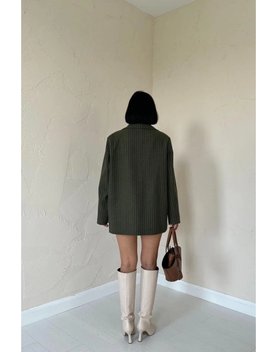 Haki Çizgili Oversize Ceket