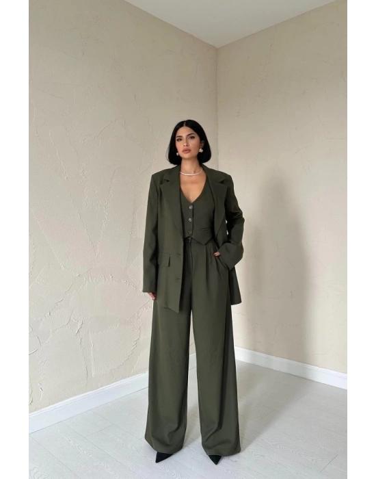 Haki Klas Ceket Ve Yelek Ve Pantolon Takım