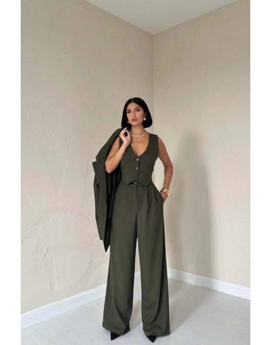 Haki Klas Ceket Ve Yelek Ve Pantolon Takım