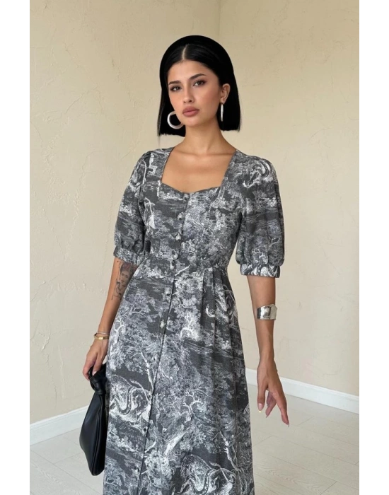 Haki Önü Düğmeli Kalp Yaka Elbise