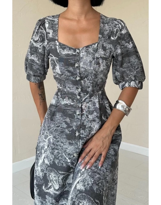 Haki Önü Düğmeli Kalp Yaka Elbise