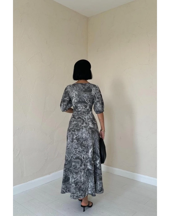 Haki Önü Düğmeli Kalp Yaka Elbise