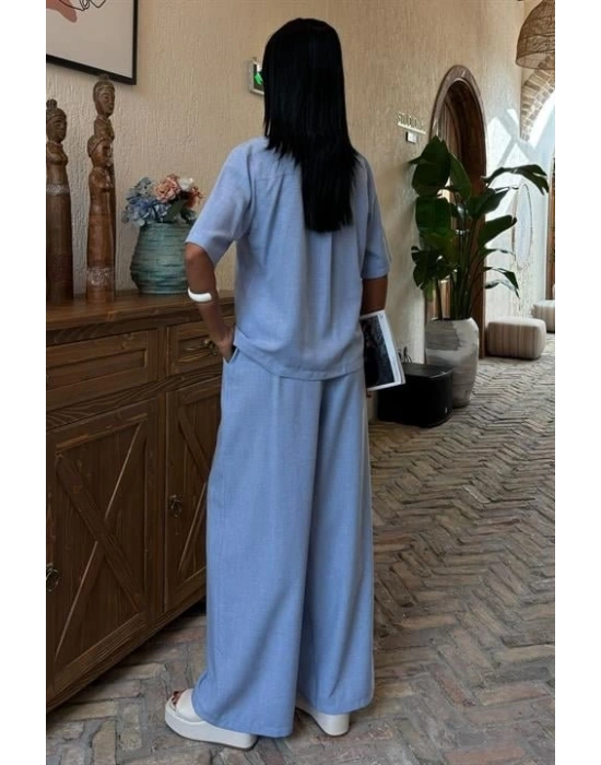 Hakim Yaka Çapraz Düğmeli Plazzo Pantolon Viscon Keten Takım 10091