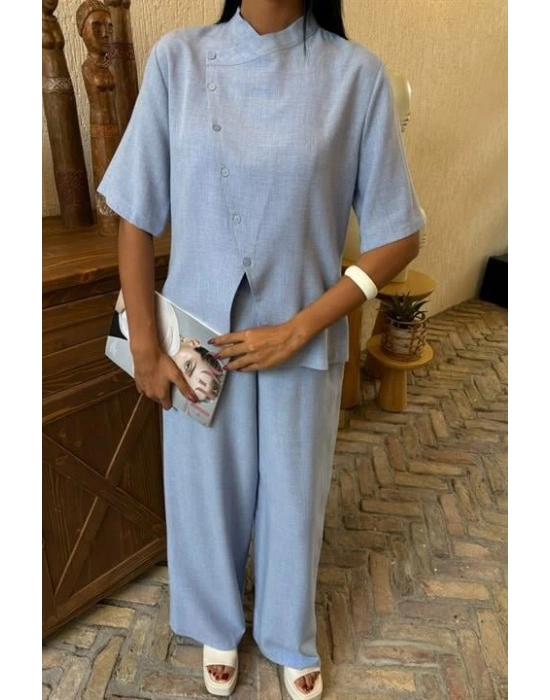 Hakim Yaka Çapraz Düğmeli Plazzo Pantolon Viscon Keten Takım 10091