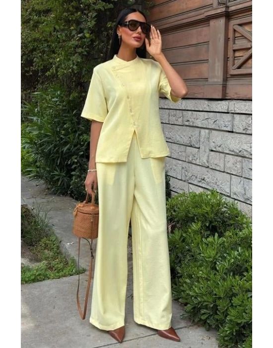 Hakim Yaka Çapraz Düğmeli Plazzo Pantolon Viscon Keten Takım 10209