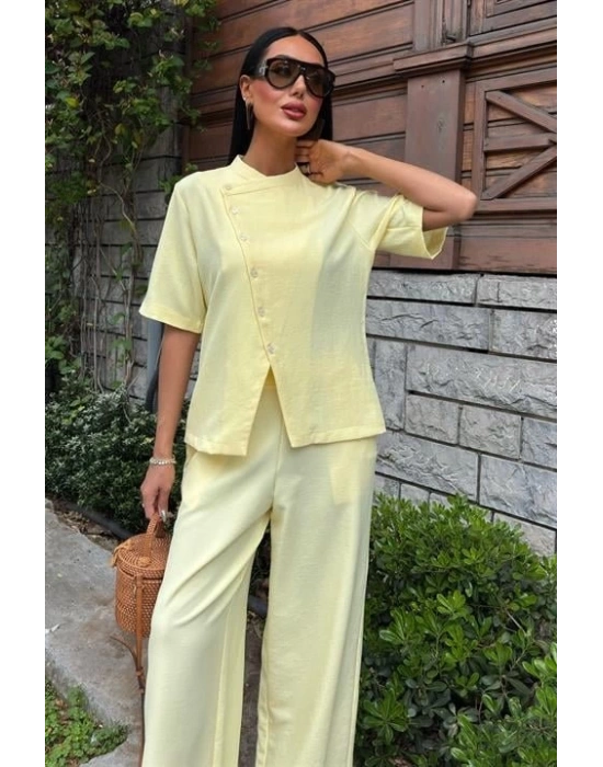 Hakim Yaka Çapraz Düğmeli Plazzo Pantolon Viscon Keten Takım 10209