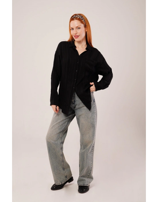 Hakim Yaka Çizgili Cep Detaylı iyah Gömlek