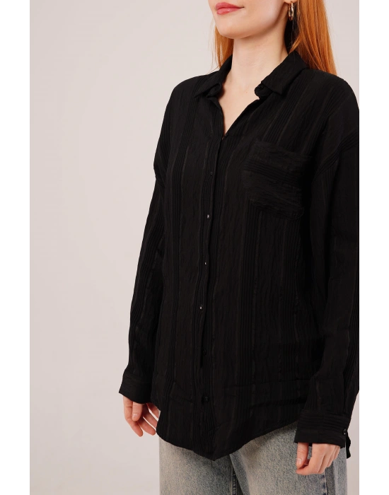 Hakim Yaka Çizgili Cep Detaylı iyah Gömlek