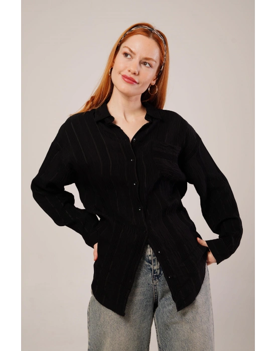 Hakim Yaka Çizgili Cep Detaylı iyah Gömlek