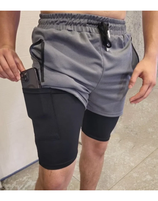 İç Cepli porcu Alt Taytlı Şort  GRİ