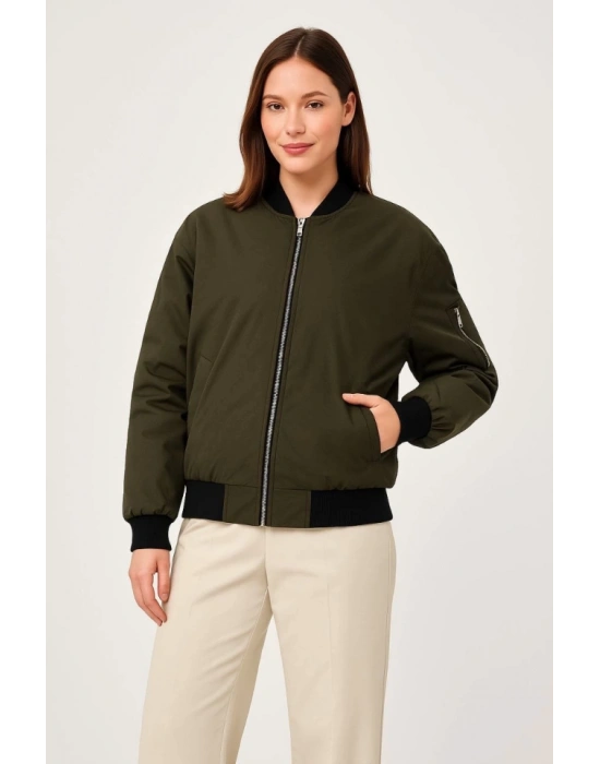 Içi Astarlı Fermuarlı Bomber ont Ceket  Haki