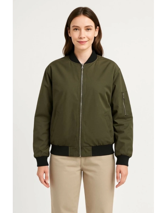 Içi Astarlı Fermuarlı Bomber ont Ceket  Haki