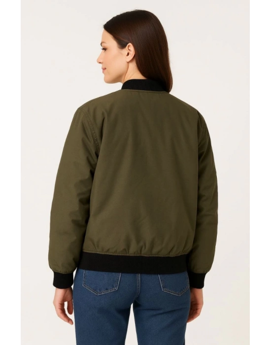 Içi Astarlı Fermuarlı Bomber ont Ceket  Haki