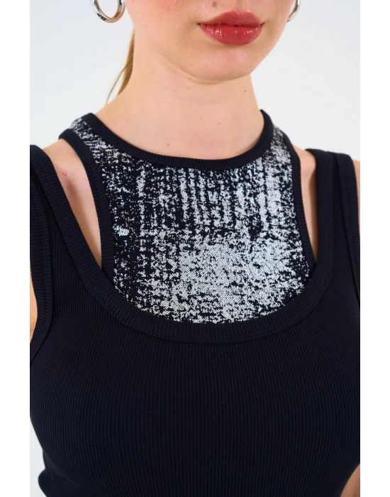 İçi Baskılı Halter Yaka Kaşkorse Atlet  iyah