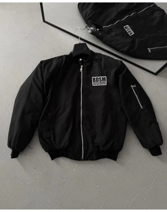 İçi Kapitone Astarlı Tam Kalıp Baskılı Bomber Ceket  iyah