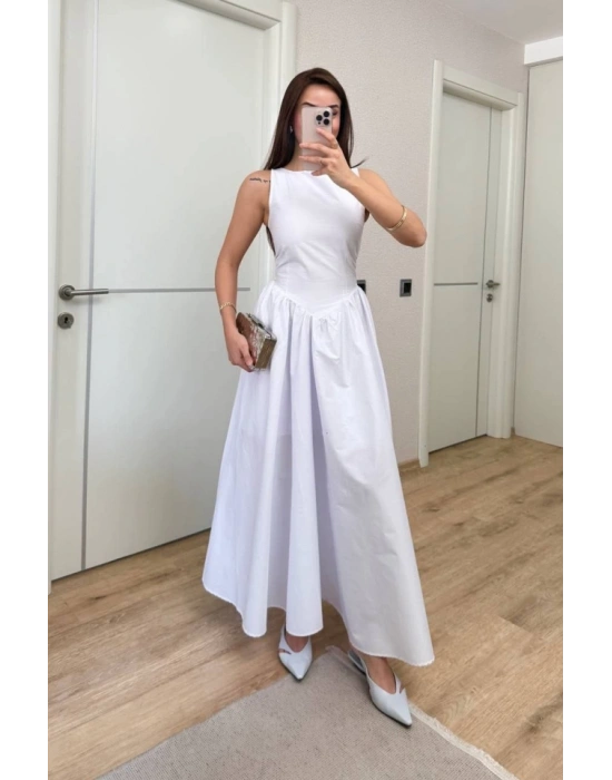 ifir Kol Beli Oturtmalı Kolsuz Uzun Elbise  Beyaz