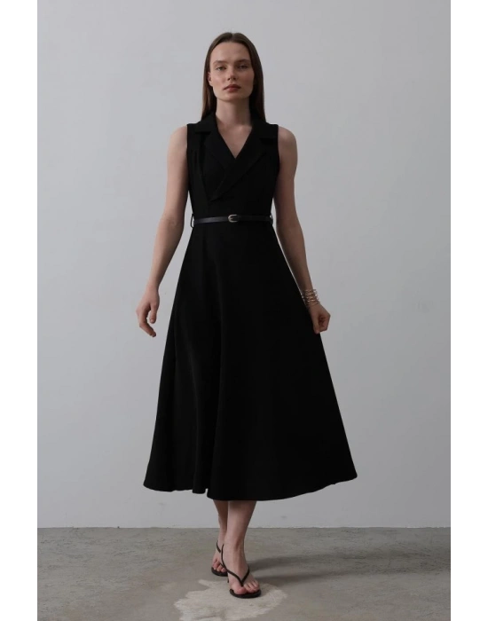 ıfır Kollu Kemer Detaylı Elbise  iyah