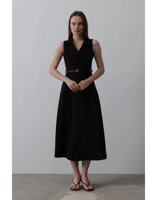 ıfır Kollu Kemer Detaylı Elbise  iyah