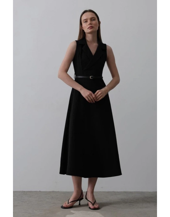 ıfır Kollu Kemer Detaylı Elbise  iyah