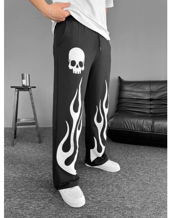 İki İplik Baskılı Kumaş Baggy Alt Esofman  iyah