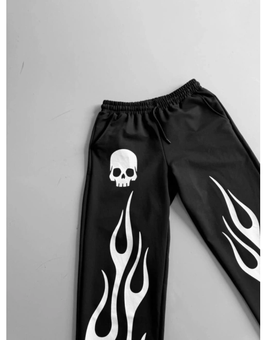 İki İplik Baskılı Kumaş Baggy Alt Esofman  iyah