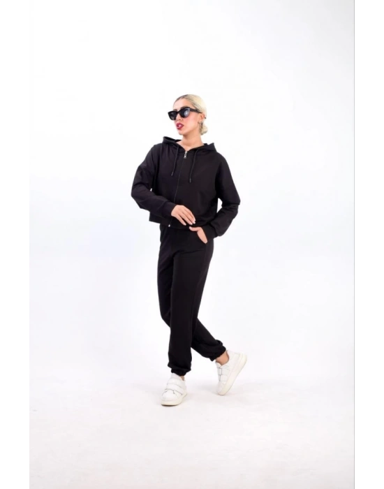 Iki Iplik Kapüşonlu Fermuarlı Crop Oversize Hırka Takım Siyah