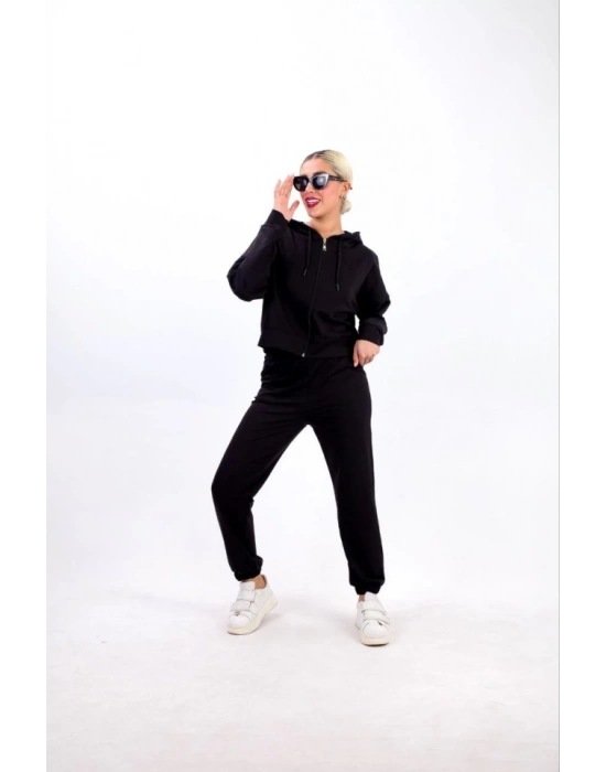 Iki Iplik Kapüşonlu Fermuarlı Crop Oversize Hırka Takım Siyah