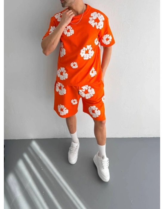 İki İplik Kumaş Baskılı Tshirt Şortlu Takım Turuncu