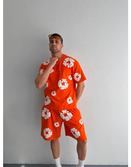 İki İplik Kumaş Baskılı Tshirt Şortlu Takım Turuncu