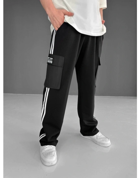 İki İplik Kumaş Kargo Cepli Şeritli Alt Esofman  iyah