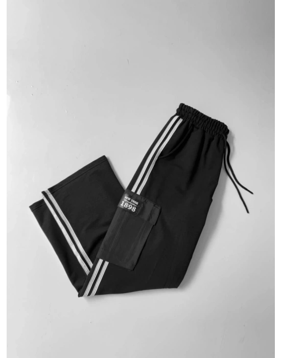 İki İplik Kumaş Kargo Cepli Şeritli Alt Esofman  iyah