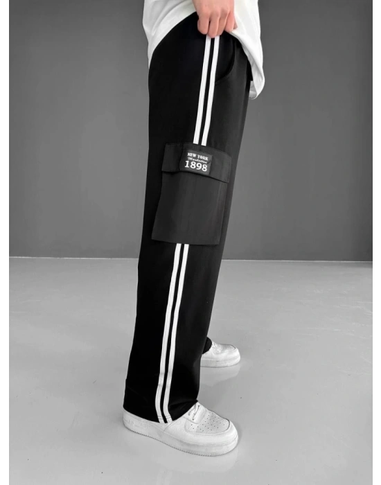 İki İplik Kumaş Kargo Cepli Şeritli Alt Esofman  iyah