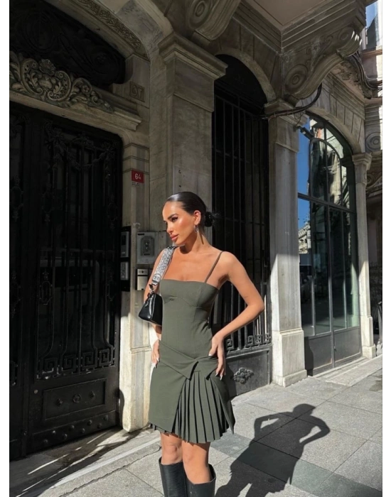 İki Parçalı Pileli Askılı ini Elbise  Haki