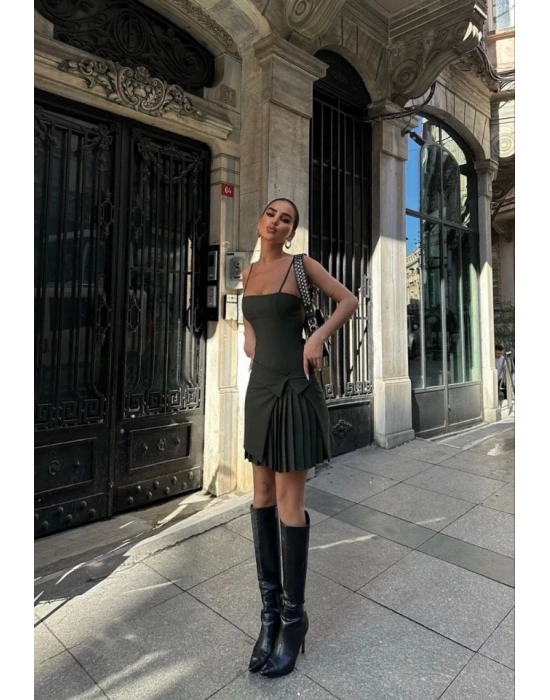 İki Parçalı Pileli Askılı ini Elbise  Haki