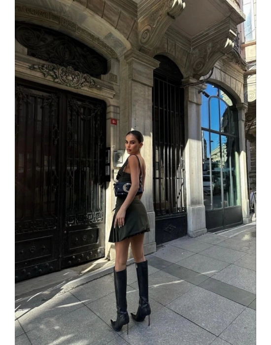 İki Parçalı Pileli Askılı ini Elbise  Haki