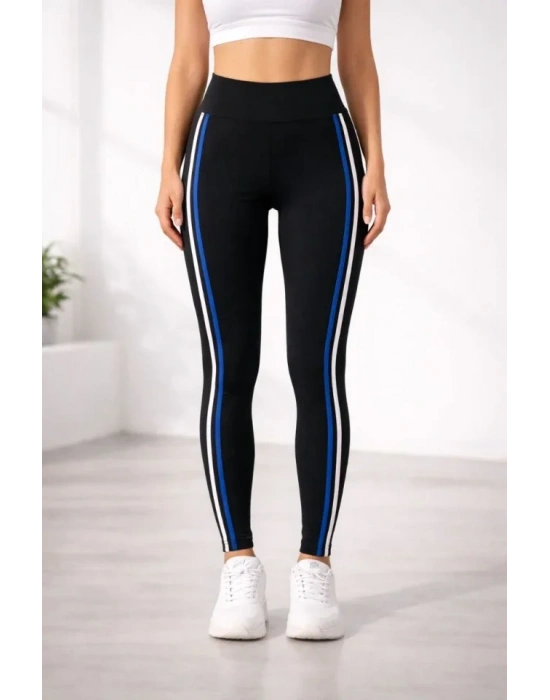 ikralı Yan Beyaz avi Şeritli Detaylı Tayt  iyah