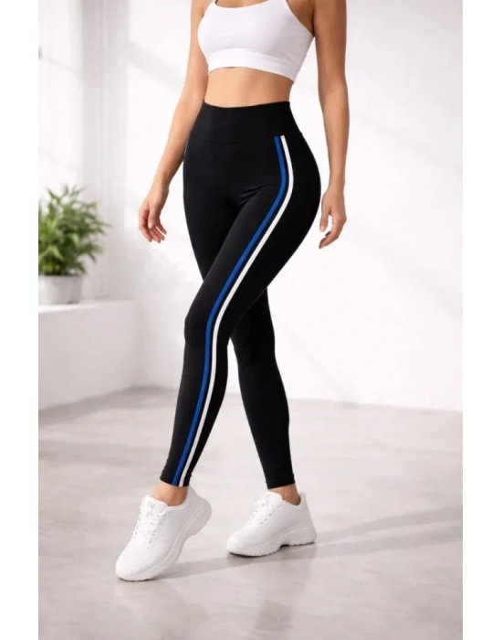 ikralı Yan Beyaz avi Şeritli Detaylı Tayt  iyah